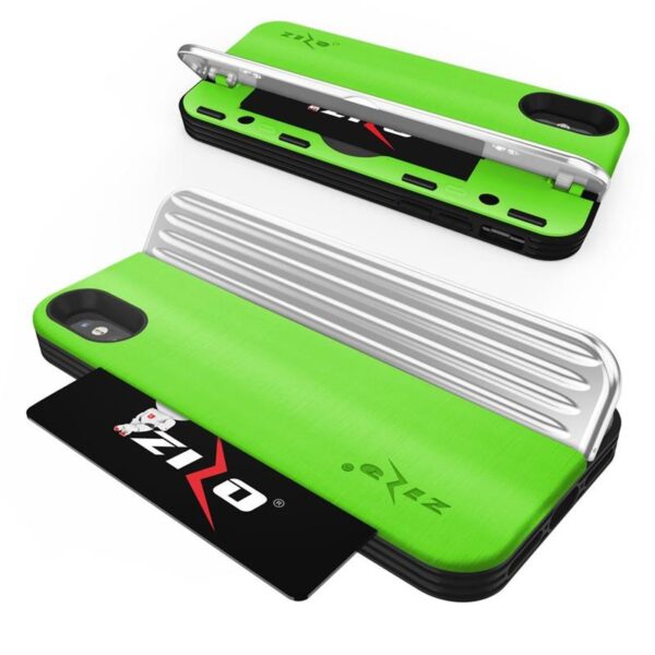 Série Zizo Retro - portefeuille avec fermeture magnétique et tenue intégrée pour iPhone XS / X (Green Neon / Silver) – Image 4