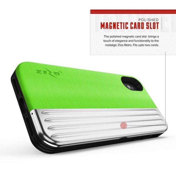 Série Zizo Retro - portefeuille avec fermeture magnétique et tenue intégrée pour iPhone XS / X (Green Neon / Silver) – Image 6