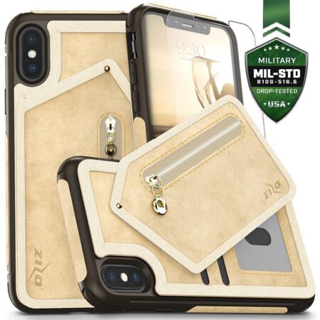 Étui de portefeuille Zizo Nebula - portefeuille et pochette à fermeture éclair avec protecteur d'écran en verre trempé pour iPhone X (brun / marron)