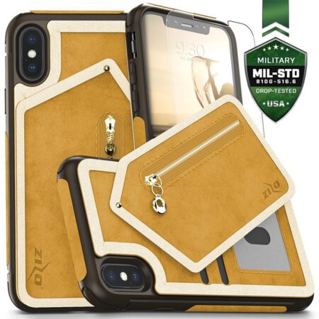 Case de portefeuille Zizo Nébuleuse - Portefeuille arrière et pochette à fermeture éclair avec protecteur d'écran en verre trempé pour iPhone X (brun clair / brun)