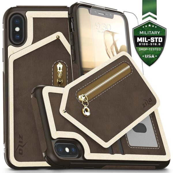 Case de portefeuille Zizo Nébuleuse - Portefeuille arrière et pochette à fermeture éclair avec protecteur d'écran en verre trempé pour iPhone X (brun foncé / brun)