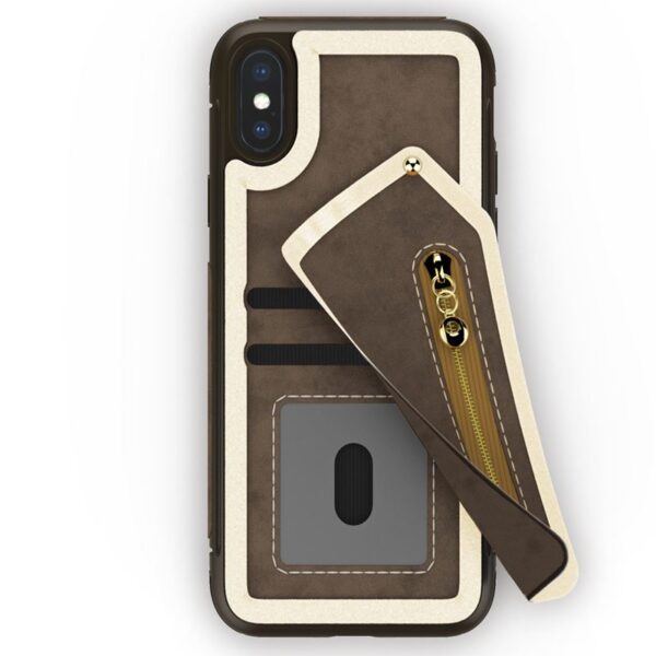 Case de portefeuille Zizo Nébuleuse - Portefeuille arrière et pochette à fermeture éclair avec protecteur d'écran en verre trempé pour iPhone X (brun foncé / brun) – Image 2
