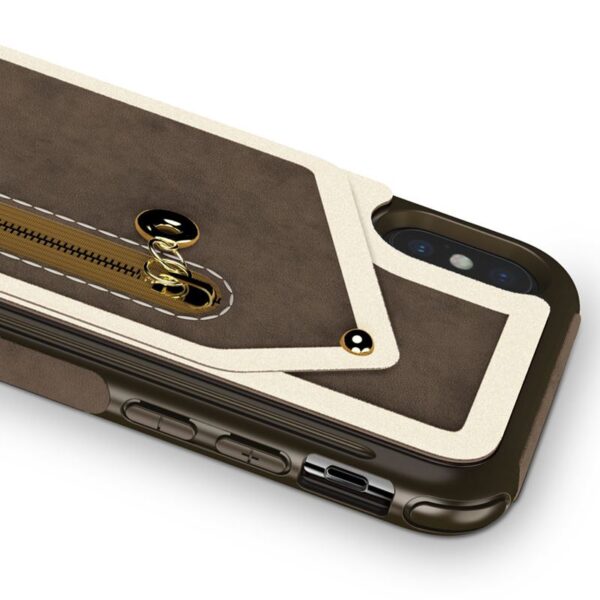 Case de portefeuille Zizo Nébuleuse - Portefeuille arrière et pochette à fermeture éclair avec protecteur d'écran en verre trempé pour iPhone X (brun foncé / brun) – Image 3