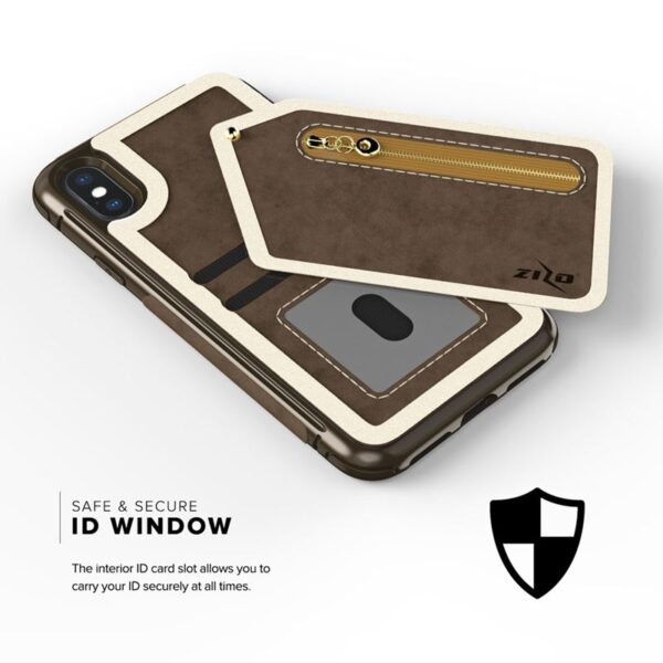 Case de portefeuille Zizo Nébuleuse - Portefeuille arrière et pochette à fermeture éclair avec protecteur d'écran en verre trempé pour iPhone X (brun foncé / brun) – Image 6