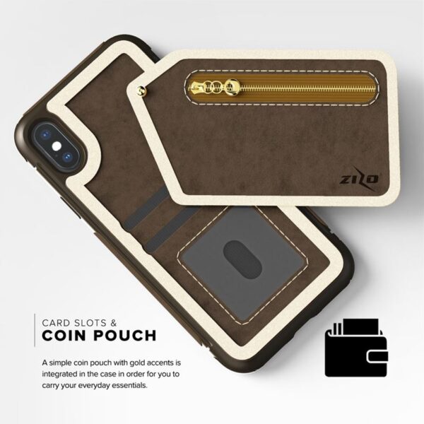 Case de portefeuille Zizo Nébuleuse - Portefeuille arrière et pochette à fermeture éclair avec protecteur d'écran en verre trempé pour iPhone X (brun foncé / brun) – Image 7