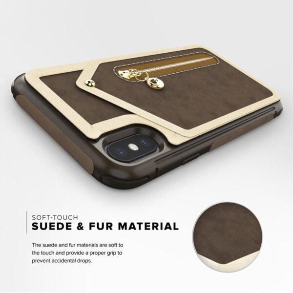 Case de portefeuille Zizo Nébuleuse - Portefeuille arrière et pochette à fermeture éclair avec protecteur d'écran en verre trempé pour iPhone X (brun foncé / brun) – Image 8